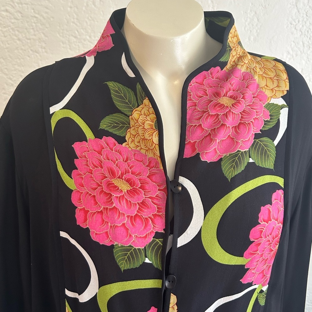 HARARI 100% silk Chic Black Pink Floral blouse sz OX - Picture 4 of 8